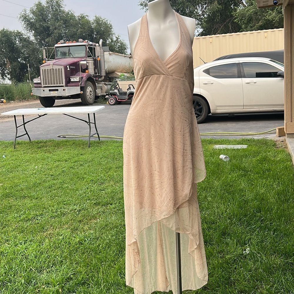Taboo V-Neck Midi Length Dress high- Low gold sparkle - Picture 2 of 12